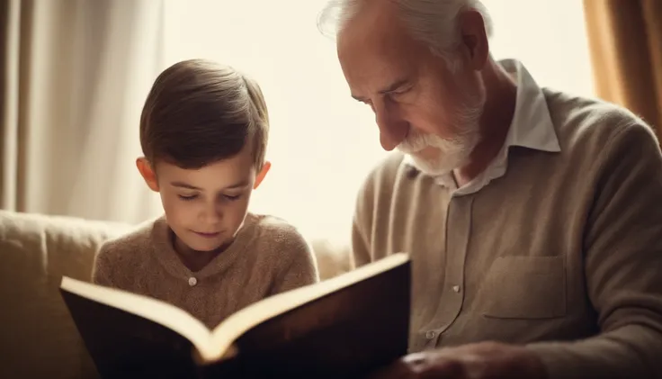 grandfather and child 12 year old reading book