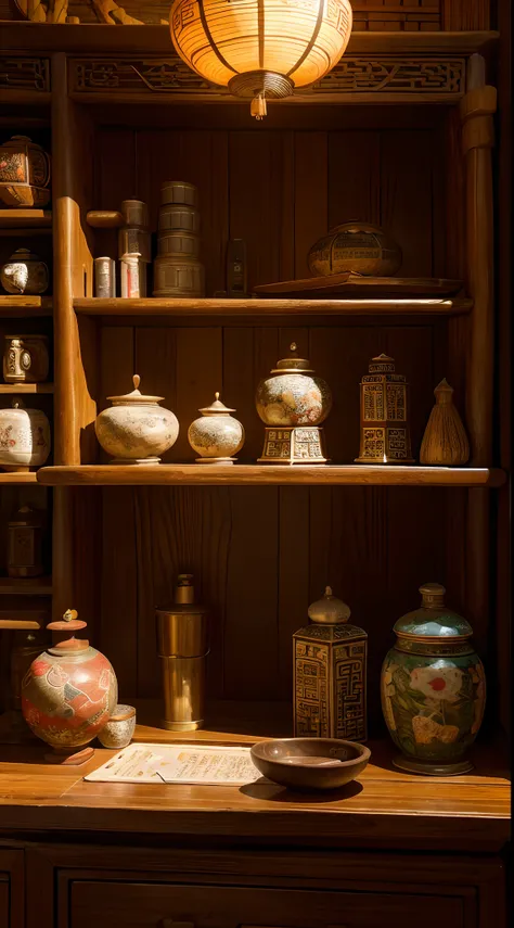 Ancient Chinese Office，Arrange medical tools and utensils，Carved beams and paintings，Layered, Sunset lighting，A medicine jar containing medicinal herbs，tmasterpiece，ultra - detailed，Epic composition, HighestQuali，hyper realisitc，Art germ