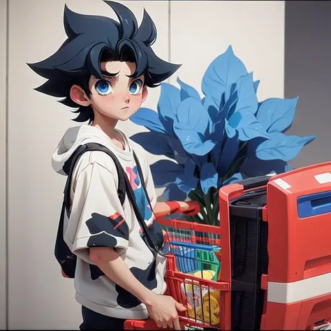 Anime boy with black hair and blue eyes holding a shopping cart, Lofe Boy, in the art style of 8 0 s anime, 90s anime style, 9 0 s anime style, 9 0 s anime art style, Loepfe boy aesthetics, 9 0 s anime aesthetic, 8 0 s anime art style, Retro anime boy, in ...