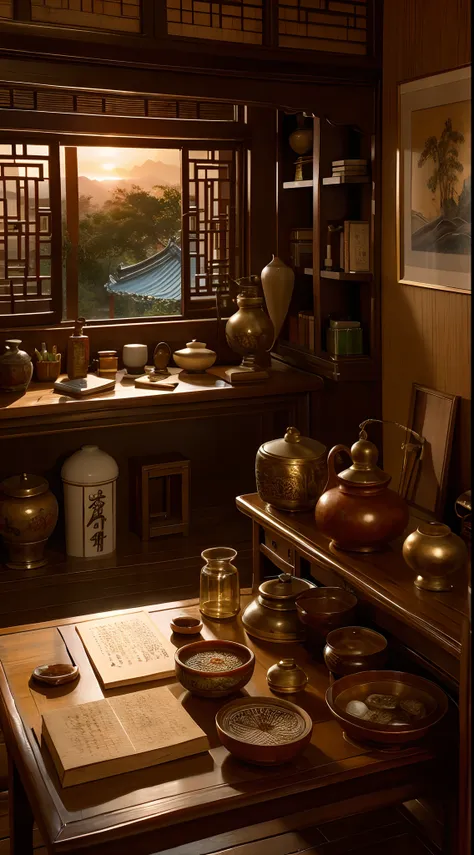 Ancient Chinese Office，Arrange medical tools and utensils，Carved beams and paintings，Layered, Sunset lighting，A medicine jar containing medicinal herbs，tmasterpiece，ultra - detailed，Epic composition, HighestQuali，hyper realisitc，Art germ