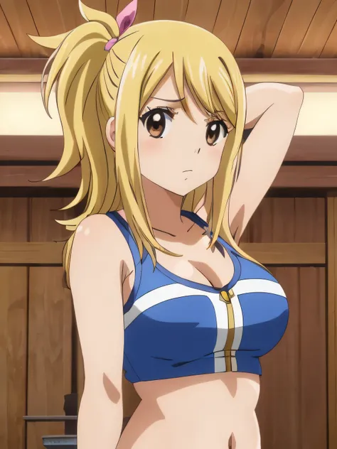 1girl, lucy heartfilia, solo, blonde hair, brown eyes, long hair, indoors, looking at viewer, anime coloring, parody, side ponytail, upper body, hair ribbon, barriga, belly, breasts, armpits