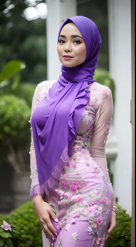 raw, best quality, high resolution, masterpiece: 1.3), beautiful malay woman in hijab, masterpiece, perfect slim body, (big brea...