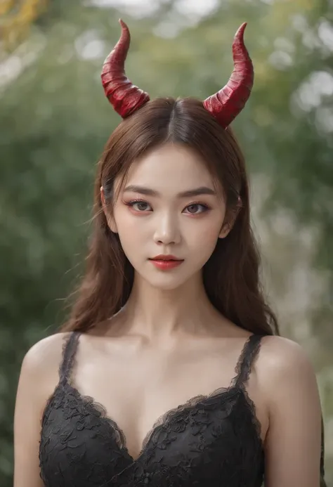 RAW photo, portrait of a beautiful korean girl wearing haloween devil costume, luminous eyes, grey eyes, bright skin, realistic skin textured, photo shoot, potrait model, model, ulzzang, beauty photoshoot, (high detailed skin:1.2), 8k uhd, dslr, soft light...