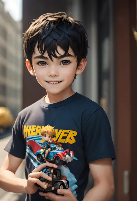 An epic fantasy comic book style portrait painting of a young boy, very expressive, light brown piercing eyes, mischievous, smirk, round face, black medium hair, wearing a black shirt and white shorts, holding a toy car in his hands, awesome pose, characte...