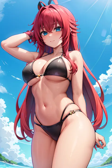 Obra maestra, La mejor calidad, 1girl, Cabello largo, Mirando al espectador, :3, Lindo, al aire libre, Calles, Disparo de vaquero, senos grandes, curva, (((ojos azules))),  rias gremory, Pelo rojo, Pelo de antena,  cabello ondulado, ((hermosos ojos detalla...