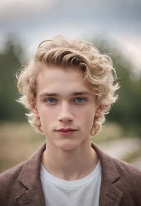 A fourteen year old man, with short blonde curly hair, white skin, blue eyes, little bit of a mustache, straight face, abs