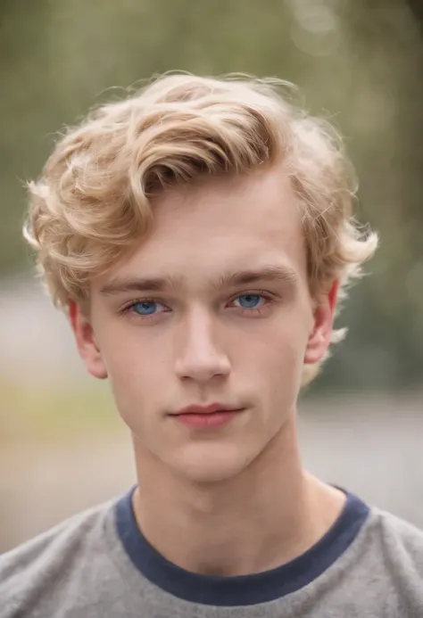 A fourteen year old man, with short blonde curly hair, white skin, blue eyes, little bit of a mustache, straight face, abs