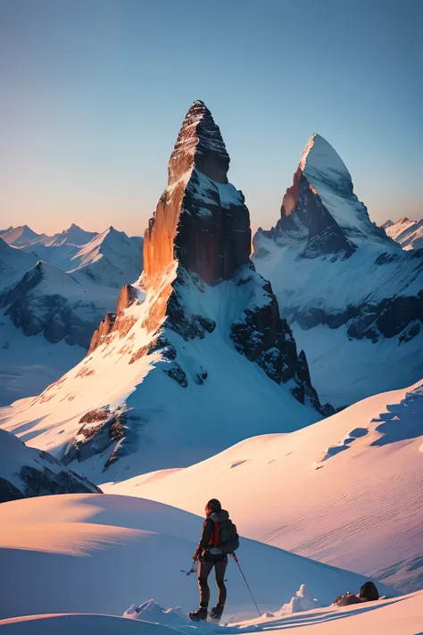 lara croft、wearing authentic outdoor mountaineering clothing、the matterhorn in the distance from the summit of a snowy mountain、...