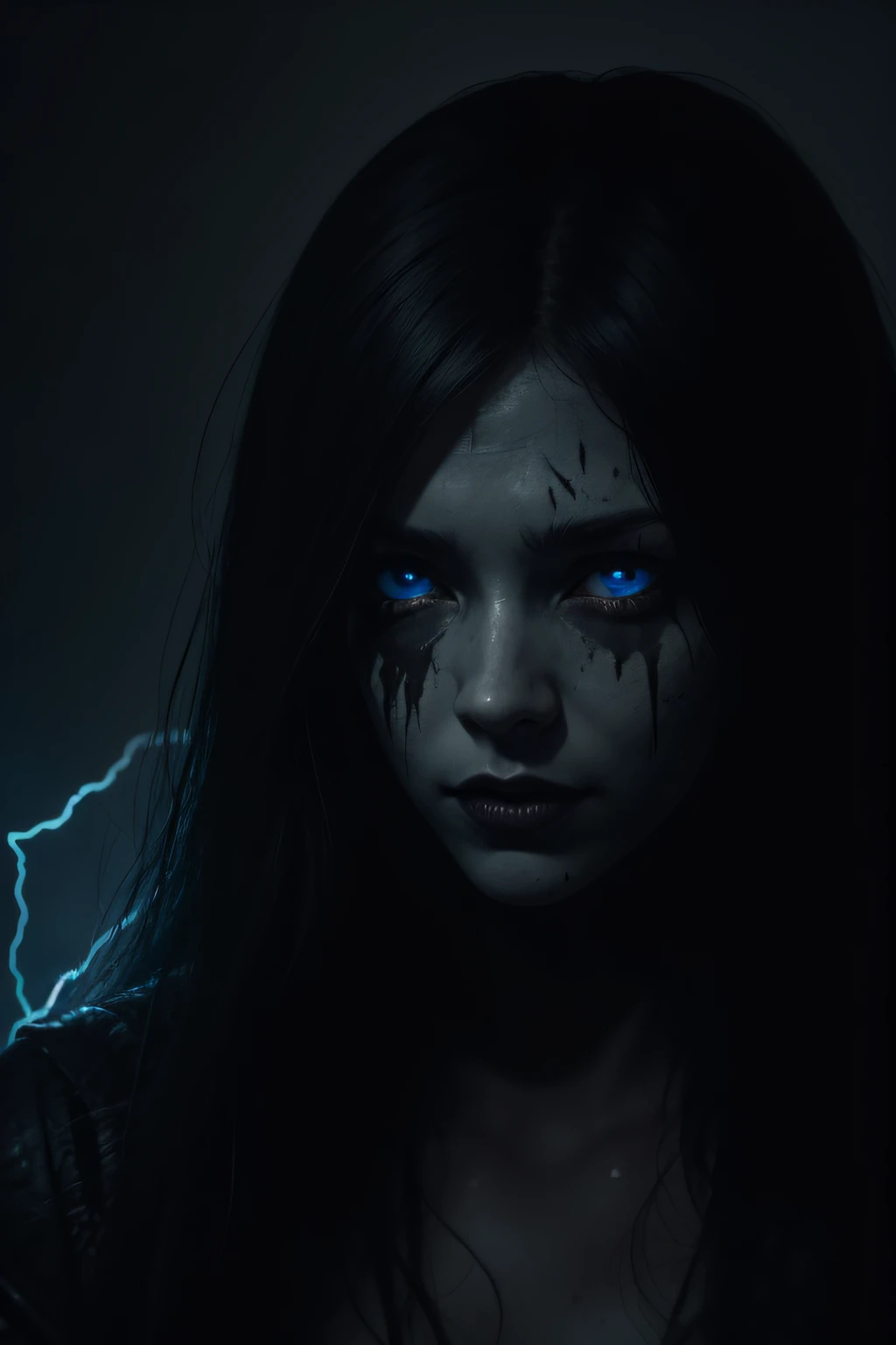 Girl in hockey mask with machete, piercing blue eyes, bloodied lips, And an ominous smile, Surrounded by dark and eerie forests. She wears a tattered and dirty white dress, with long, Tangled black hair covering half of her face. The scene is set on a stor...