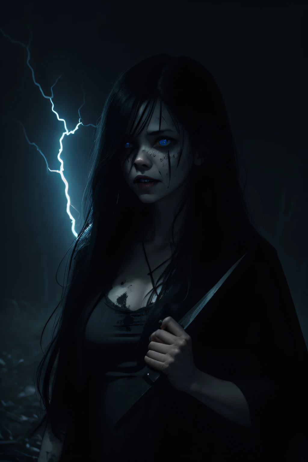 Girl in hockey mask with machete, piercing blue eyes, bloodied lips, And an ominous smile, Surrounded by dark and eerie forests. She wears a tattered and dirty white dress, with long, Tangled black hair covering half of her face. The scene is set on a stor...