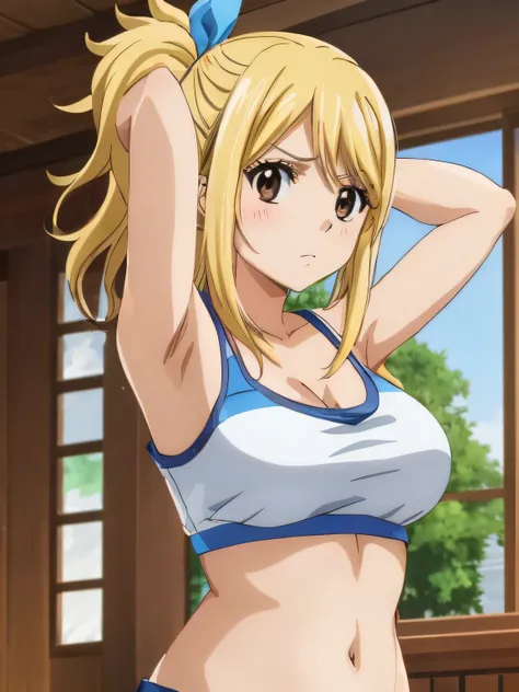 1girl, lucy heartfilia, solo, blonde hair, brown eyes, long hair, indoors, looking at viewer, anime coloring, parody, side ponytail, upper body, hair ribbon, barriga, belly, breasts, armpits