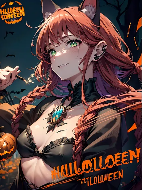 Halloween Party,sparklers,(Cats ears,red braided hair:1.5),(Nymphomania and horror theme:1.4),(Detailed green eyes、Teary-eyed:1.4),Haunted house background,hiquality,(Very small breasts、extremely flat chest:1.5)、(Happy and big smile:1.4),Mystical boundarie...