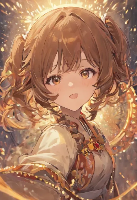 (best quality,highres:1.2),anime girl,beautiful detailed eyes,beautiful detailed lips,brown hair,long eyelashes,curly hair,playful smile,revealing outfit,sexy pose,confidence,fantasy background,vivid colors,soft lighting,bokeh