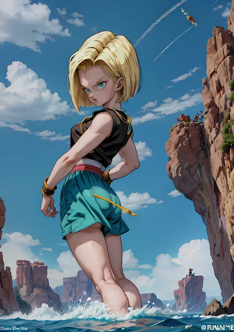 dbz, android 18, charging energy, floating above water, blue aura, high res, cliffs in background, people in the background