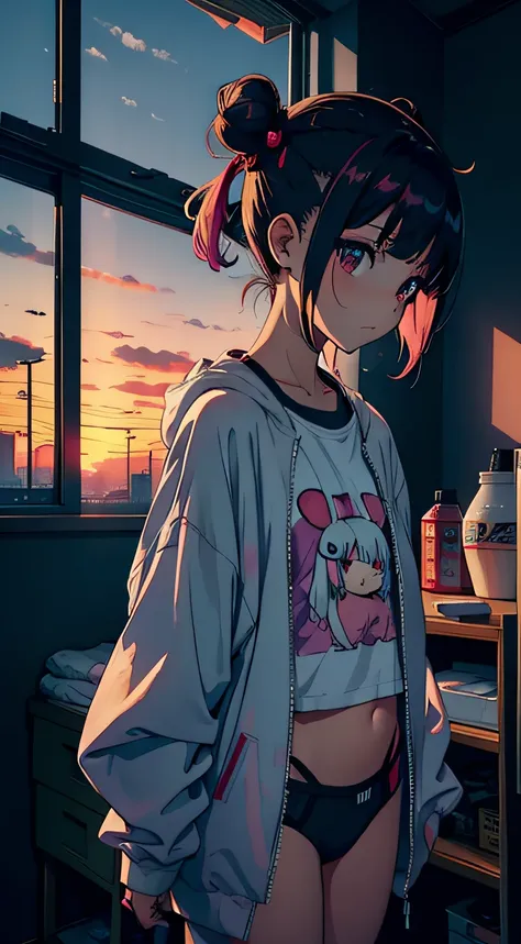 masutepiece, High quality, girl, Bun head, Colorful Highlight Hair, Big clothes, Underwear with a small area, Comfortable clothing, Indoors, Night, Sunset, Dark room, Distracting and messing with something,