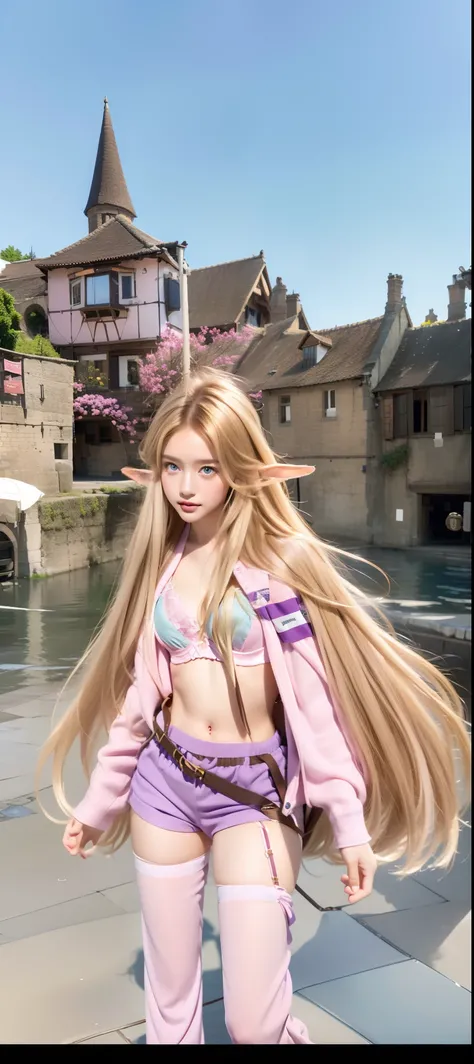 Hyperealistic, highly quality, detailed ,elf,with long hair,brown yellow hair, purple eye,pink bra,pink short pant,with one brown little bag on pants,with white shirt ,medieval village background ,blue sky background