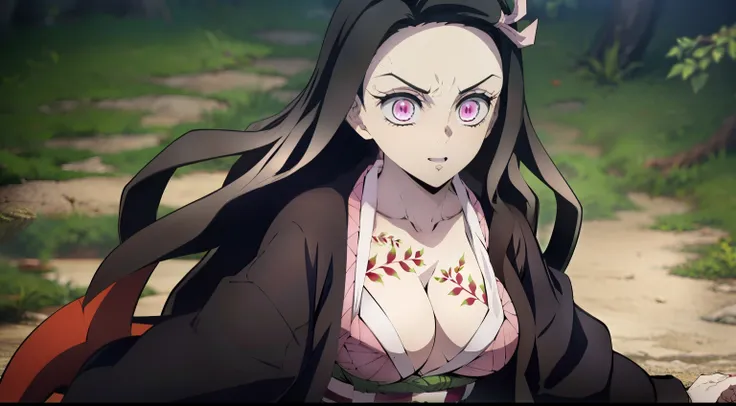 (Nezukokamado, Nezuko Kamados masterpiece, goddess beauty, ssmile, joying), Long black hair with orange tips, Ribbon Hair, hairlong, multi-colored hair, (pink eyes: 1.5) Bright, orange hair, Wavy Hair, two tone hair, professional photo of a, a closeup of a...