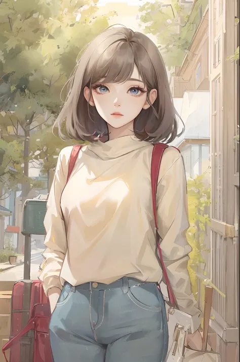 Absurdres, Masterpiece, Best quality, light colors, korean girl from webtoon with Beautiful face , beautiful short bob hair , a character from kdrama, anime eyes, semi casual clothes, masterpiece background, detailed background