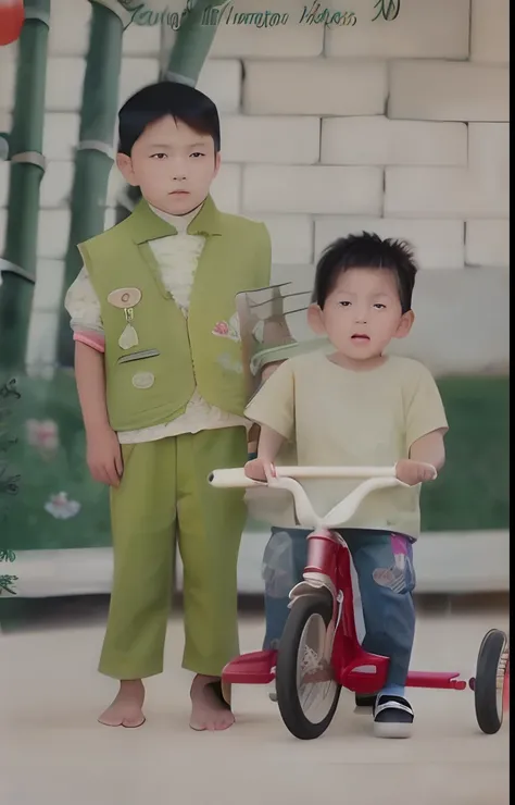 There are two little boys，The little boy sits on a tricycle， childhood friend, old color photo, inspired by Zhang Xiaogang, old picture, yanjun cheng, Ruan Jia and Fenghua Zhong, coloured photo, old color photo, with a child, he is about 30 years old, he i...