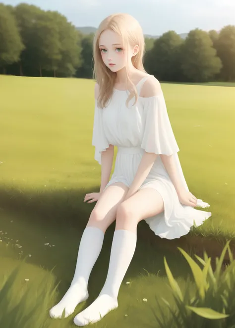 grass field，teens girl，white  clothes，White knee-length socks，Pure，Draped hair，long leges，white skinned，adolable