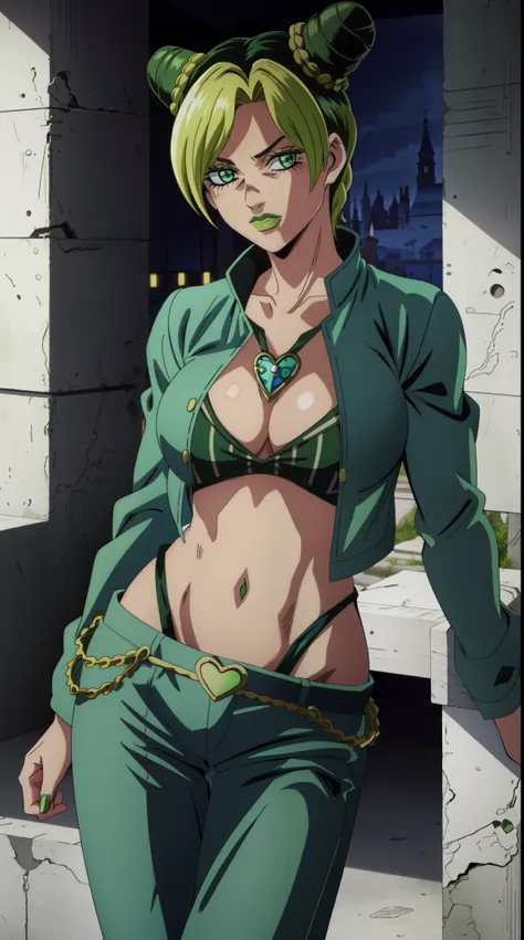 1girl, solo, jolyne, neon green eyes, green lips, closed mouth , looking at viewer, halterneck, jacket, castle, short hair (joly...