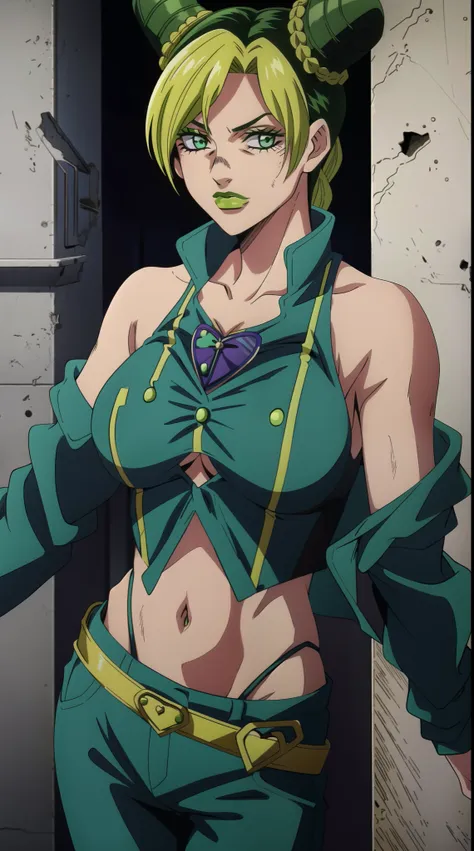 1girl, solo, jolyne, neon green eyes, green lips, closed mouth , looking at viewer, halterneck, jacket, castle, short hair (joly...