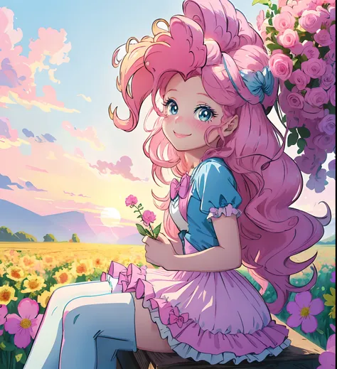 My little pony pinkie pie, pinkie pie, pinkie pie in the form of a girl, long pink hair, ((coils curls)), blue eyes, light blue hair ribbon, long pink and blue frilly dress, white thigh high, small pink heels, blue sky, pink clouds, sitting in a cloud, sta...