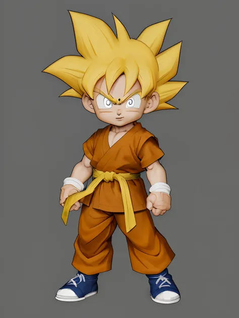 Dragon Ball，son goku，Yellow hair，brown clothes，blue sash，Dark shoes，Puppet model style