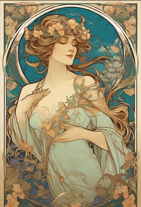 8K.Poster illustration in Alphonse Mucha style, Flat painting, Beautiful fece,Beethoven,Full body like,slenderbody, Art Nouveau, Plants in the background,masutepiece, Alfonse Mucha,Blue clematis、 high details