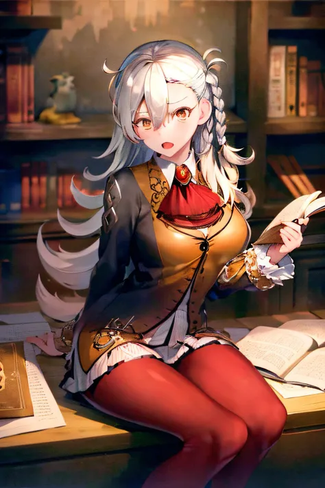 ((masterpiece, best quality, high resolution)), Default, OfficialOutfit, 1girl, book, solo, sitting, book stack, open mouth, looking at viewer, breasts, open book, blush