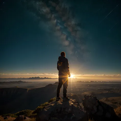 A imagem apresenta uma obra de arte digital surreal. No centro, A person is standing on a rock, Looking up towards a big blazing sun wearing sunglasses. The sun is notable for its golden glow and fiery trail. The person is dressed in a black hoodie and app...