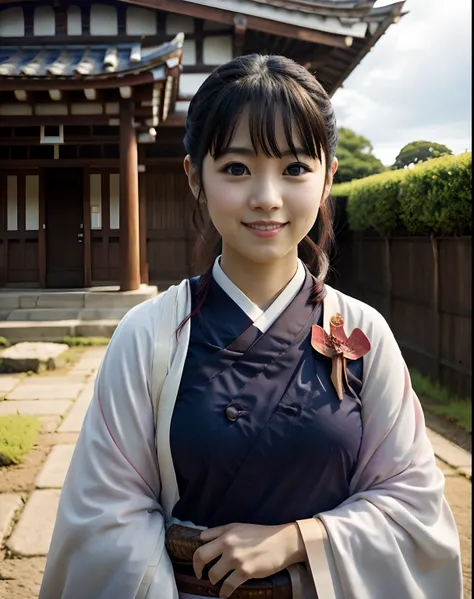 tsuyuridef, standing, upper body, smile, blush, outdoors, day, simple background, blue sky, sky, temple, looking at viewer, mood...