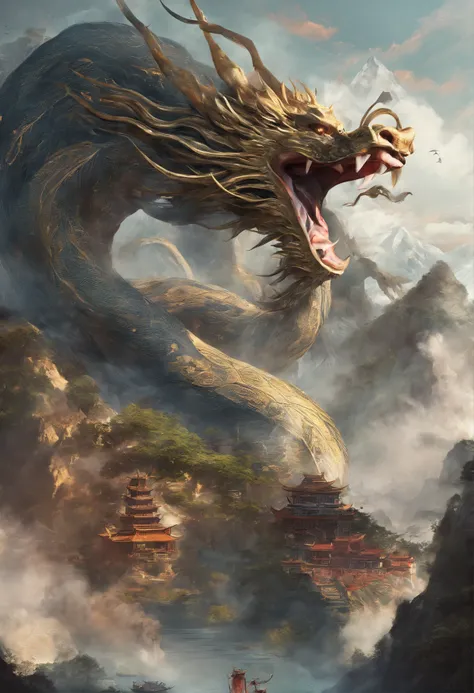 Xuanwu（the body of the，The head of the Chinese dragon，The long tail of the snake），tosen，Huge waves，China-style，oc rendered，super-fine，high qulity，8K high resolution，ultra - detailed