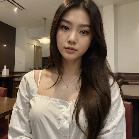 (masterpiece, best quality, ultra high res, beautiful detailed hair detailed face, perfect feminine face), there is a woman with long hair and a white blouse in the middle of restaurant, 18 years old, 21 years old, 2 2 years old, an asian woman, asian girl...