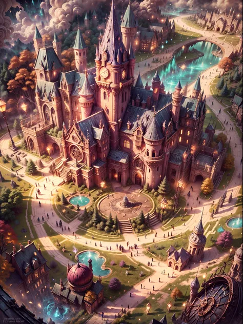 aerial view,Hogward,captivating,enchanted,magical,tower,castle,grand,gardens,majestic,impressive,spires,turrets,flags flying high,ancient,stonework,gothic architecture,imposing doorways,marvelous,ornate windows,mysterious atmosphere,magic in the air,twinkl...