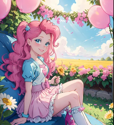 My little pony pinkie pie, pinkie pie, pinkie pie in the form of a girl, long dark pink hair, blue eyes, long pink and blue frilly dress, white frilly thigh high, small pink heels, blue sky, pink clouds, sitting in a pink and blue flower field, staring at ...