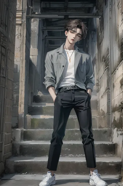 Absurdres masterpiece HDR high quality picture of a Kpop boy in sharp HD graphics, with his calm eyes and chiseled jawline, wearing a stylish, modern outfit that accentuates his lean physique. His short K-pop hair is styled in a contemporary way, giving hi...