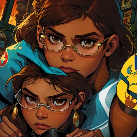 Marvel comic art, Hispanic Puerto Rican, girl, long dark brown hair, dark brown eyes, resting bitch face, round glasses, tan skin