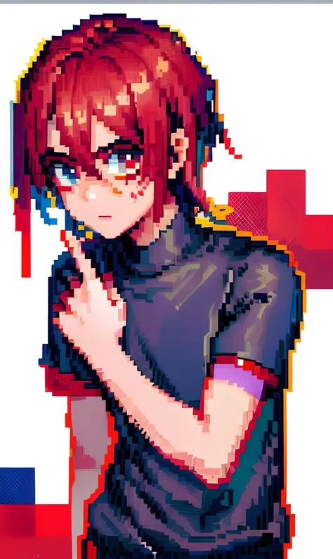 ((The style of pixel art)),((Suppress the gloomy atmosphere)) pix, 4-bit pixel art, 1   boy, ,with dark reddish hair, Medium long hair, Scarlet eyes,  Short-sleeved shirt，The short-sleeved shirt has a red and black stripe pattern，Silver-gray clothes，System...