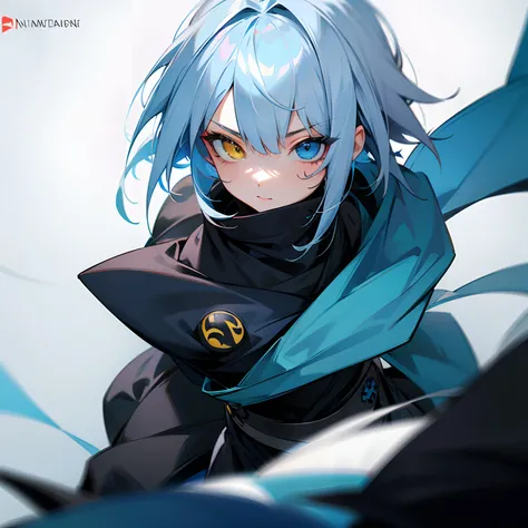 Silverish blue hair , heterochromia , one blue eye , one yellow eye , ninja clothing