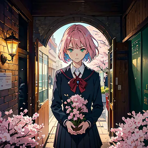 (school, morning, entrance, gardens, cherry blossoms, anime main visual, concept art with 8K resolution, soft lighting, beautiful composition, play of light, colorful, movement, photorealistic, ultra detailed, masterpiece, arbitrary pose, poster , wallpape...