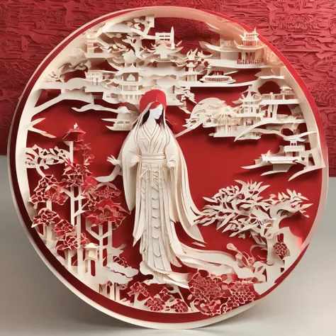 Flat paper cut style，((Ancient Chinese women))，sportrait，red colour，Paper，Color blocking，((round form))