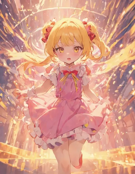 Dreamy shiny light pink hair，Pink and yellow sundress clothes，Milky，The eyes are blue，Its a cute girl, no socks, pink leather shoes, small white gloves, small pink eyebrows, pink hair in long pink pigtails, hair bows