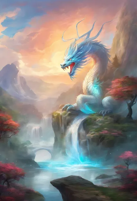 Landscape painting，White rainbow background，A huge Chinese dragon is white in the air,A huge jewel grows,Glowing water splashes and ice