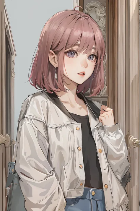 Absurdres, Masterpiece, Best quality, light colors, korean girl from webtoon with Beautiful face , beautiful short bob hair , a character from kdrama, anime eyes, semi casual clothes, masterpiece background, detailed background