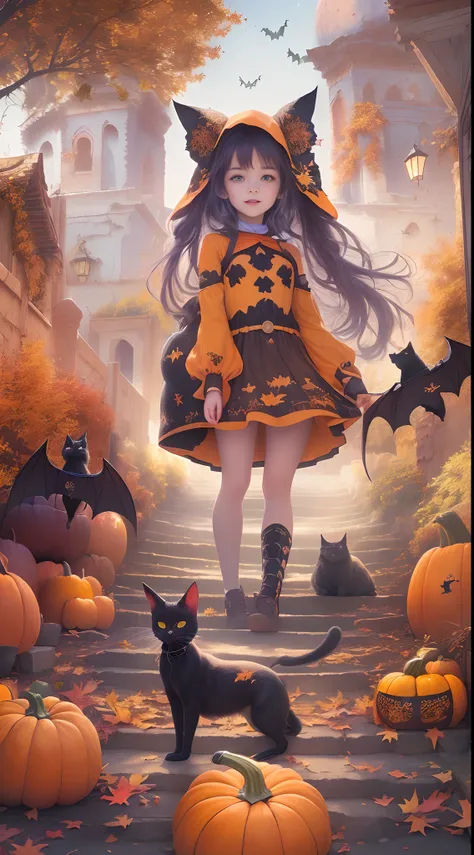 A girl in a pumpkin-shaped costume,ssmile,Clothing ideas,Vibrant colors, Surreal, (Autumn leaves), glittering stars,(Enchanting Moon),(A path leading to the Kasbah),dark palette,Subtle orange and red,grave stones,mystical aura,(Remote location),(the bats:1...