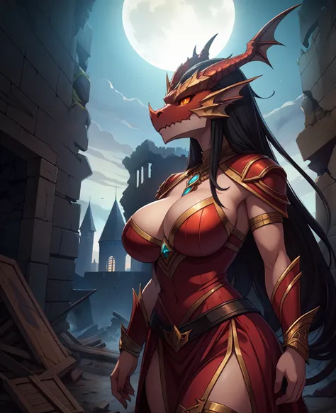 bestquality, 1 girl, Colossal macros, Dragon Face, Orange eyes, Black fir, Red belly, Dragon Woman, Colossal, Furry female, humans, (In the ruins of the castle at night.), conqueror.