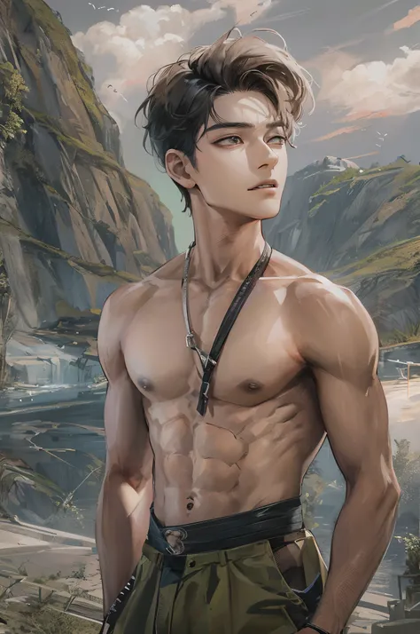 Absurdres masterpiece HDR high quality picture of a Kpop boy in sharp HD graphics, with his calm eyes and chiseled jawline, topless wearing a trunks that accentuates his lean physique. His short K-pop hair is styled in a contemporary way, giving him an air...