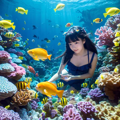 "(Best Quality,8K,hight resolution,masutepiece:1.2),Ultra-detailed,Beautiful girl in the water surrounded by colorful fish,reefs,The abyss of the soft and ethereal sea,Gentle sunlight illuminating the scene"