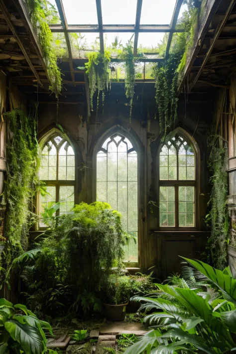 an abandoned church, ladder, One tree & roots, Green Post Apocalypse, Tall and thick grass and jungle, Everything is covered with plants, Drava and plants, Growing on pastures, Beautiful architecture and decorative interiors, Abandoned、Overgrown hall, Afte...